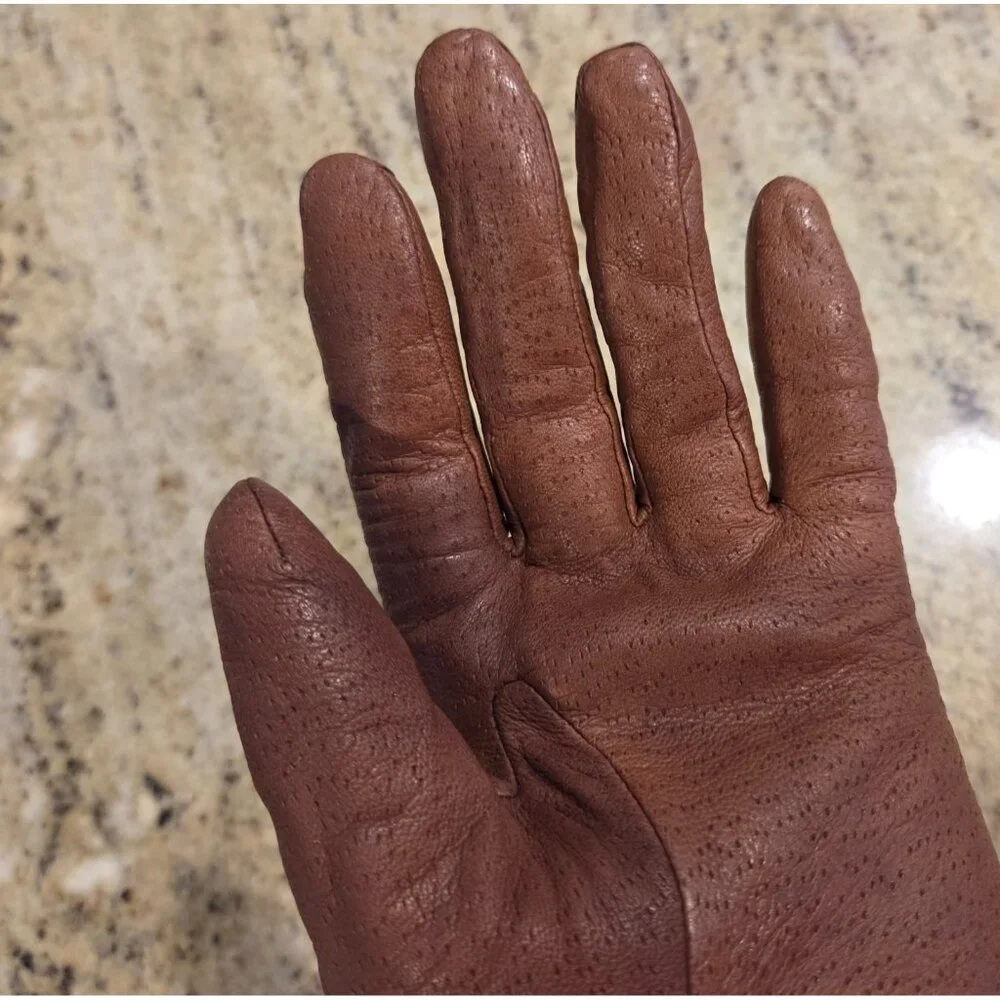 Vintage Womens Size L Brown Leather Knit Lined Gloves Perferated